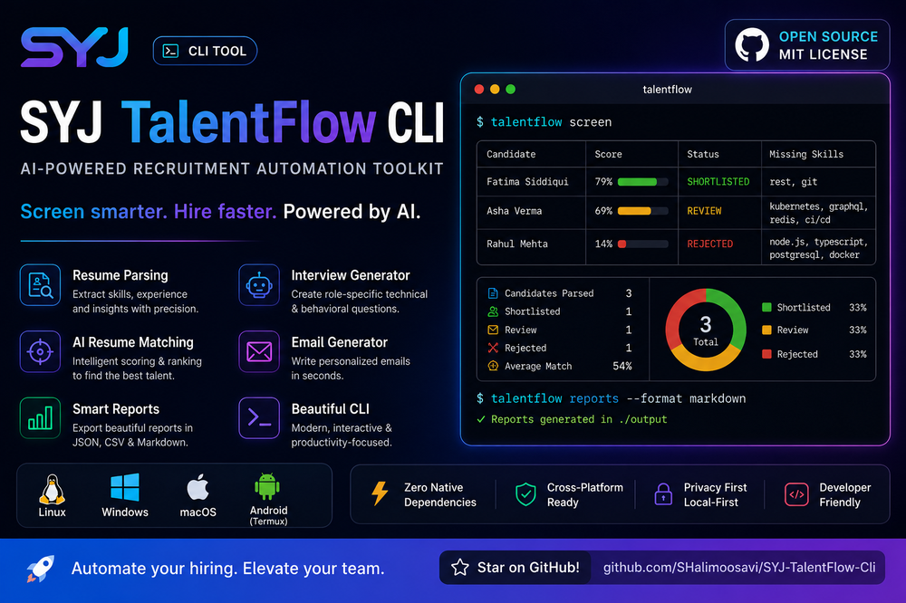 SYJ TalentFlow CLI terminal dashboard showing a candidate ranking table with match scores, progress bars, status badges for Shortlisted, Review, and Rejected, and summary statistics including candidates parsed and average match percentage